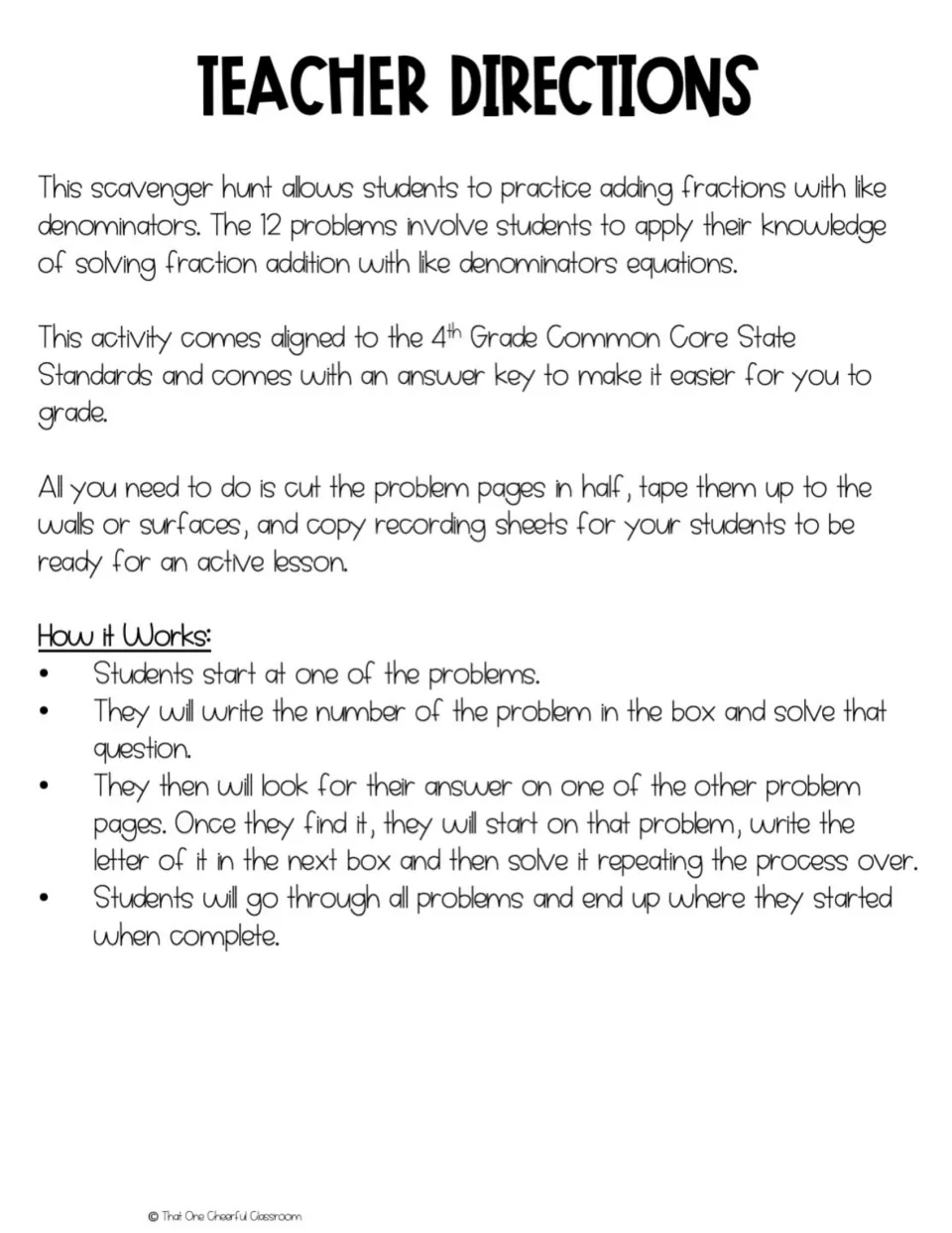 Teacher directions for a fraction addition scavenger hunt: cut 12 problem cards, post them and copy the recording sheets