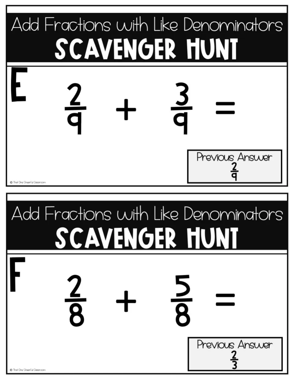 Station cards E and F: students add ninths (2/9 + 3/9) and eighths (2/8 + 5/8); previous answers 2/9 and 2/3 appear