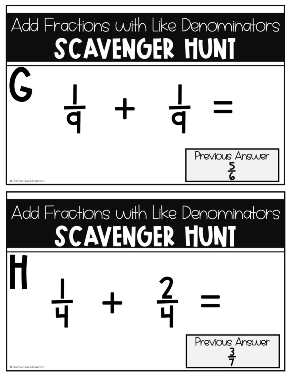 Cards G and H for adding like fractions: 1/9 + 1/9 and 1/4 + 2/4, with previous answers of 5/6 and 3/7 listed