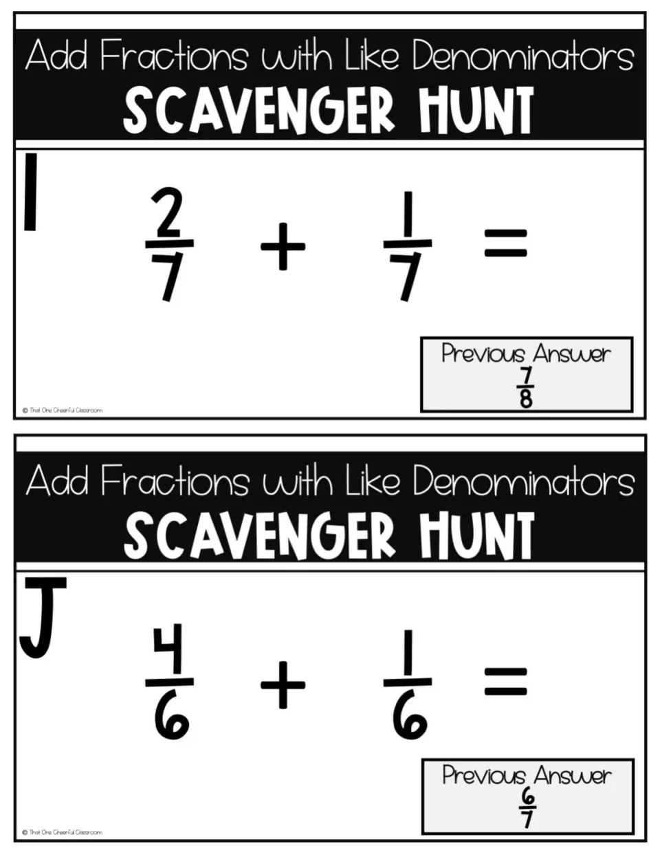 Station cards I and J: students find the sums of 2/7 + 1/7 and 4/6 + 1/6, with previous answers 7/8 and 6/7 shown