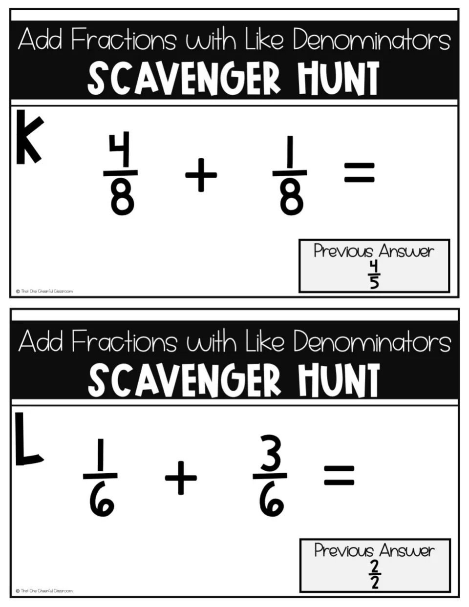 Final cards K and L: students add 4/8 + 1/8 and 1/6 + 3/6; the previous answer spots show 4/5 and 2/2