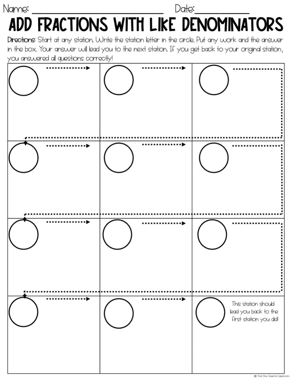 Recording sheet for adding fractions: students write each station letter in a circle and show work in 12 linked spaces