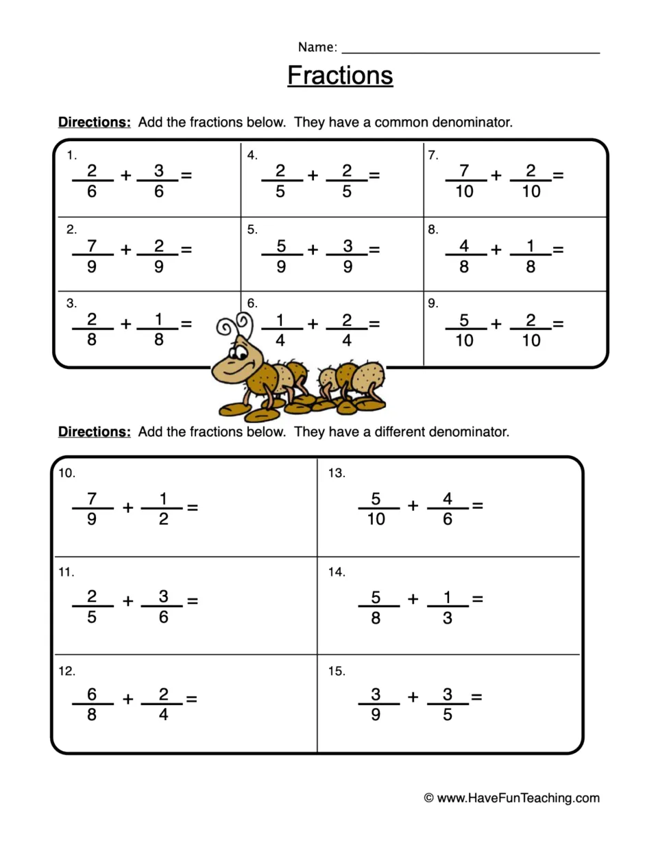 Fraction addition practice: nine problems with common denominators and six with different denominators.