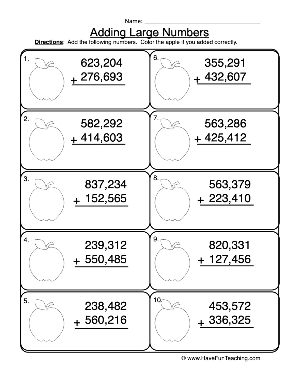 Adding Large Numbers: students solve 10 six-digit addition problems and color the apple beside each correct sum