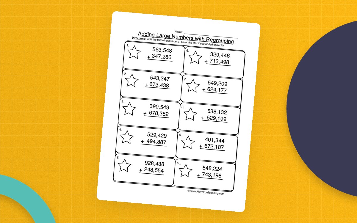 Adding Large Numbers with Regrouping worksheet with ten star-framed vertical problems