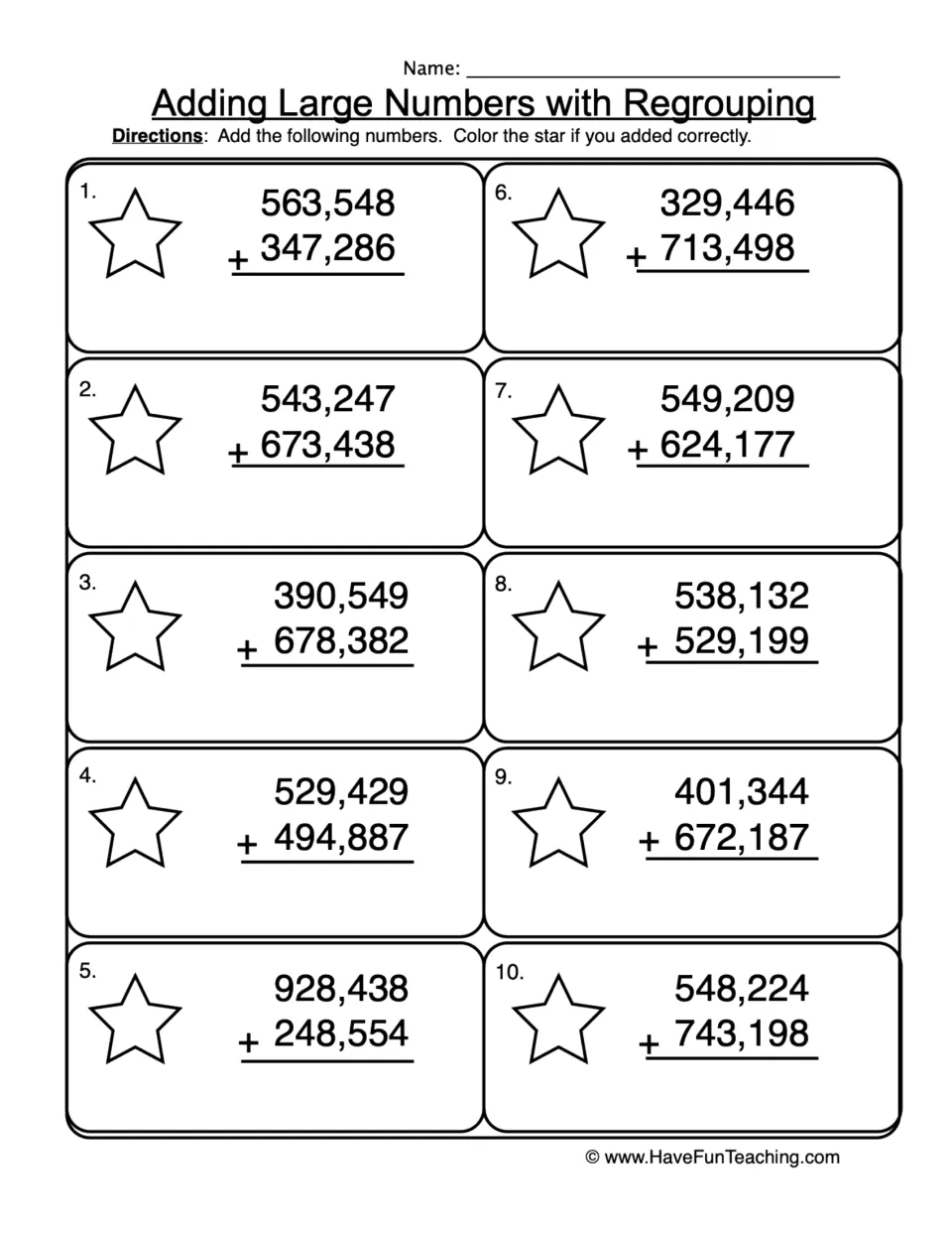 Adding Large Numbers with Regrouping: students solve 10 six-digit addition problems and color a star for each correct sum