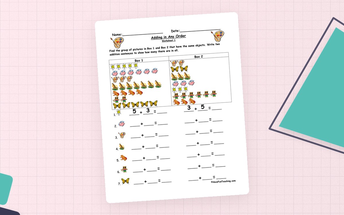 Adding In Any Order Worksheet preview: Six picture-based addition worksheets