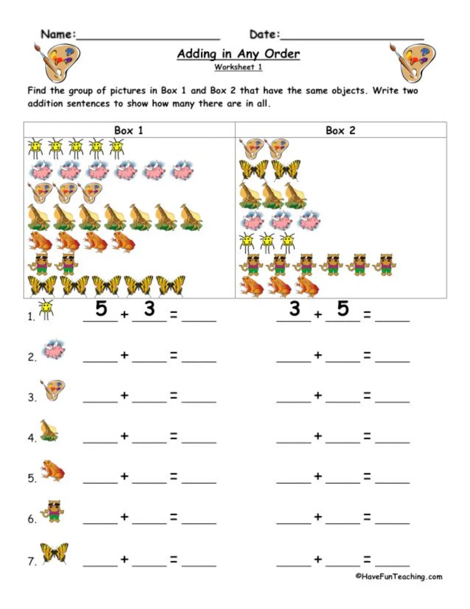 Worksheet 1, switching addends: students match sun, pig and butterfly groups, then write sums like 5 + 3 and 3 + 5