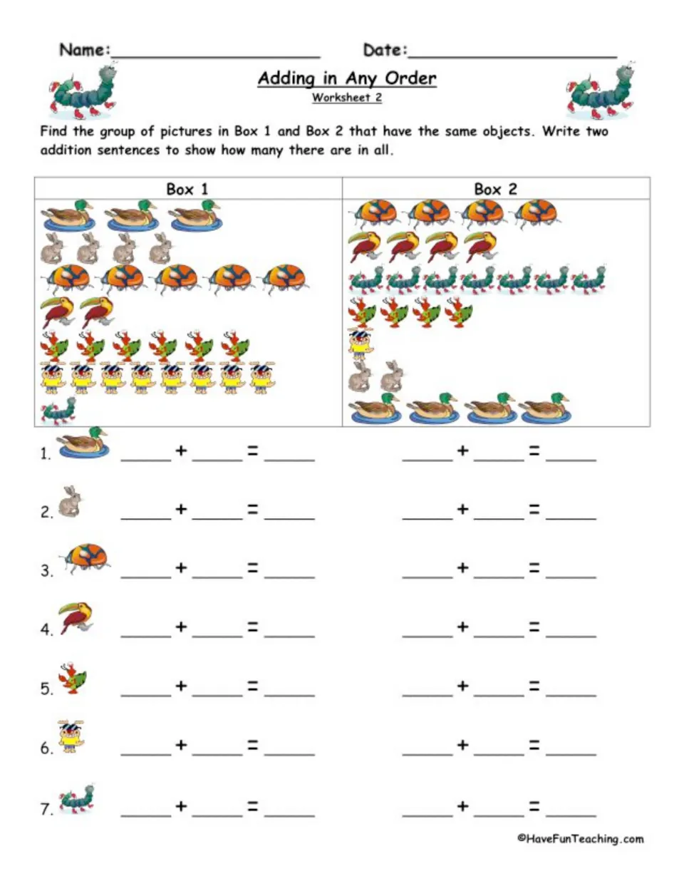 Worksheet 2, commutative property: students count ducks, rabbits, beetles and toucans in two boxes and write both sums