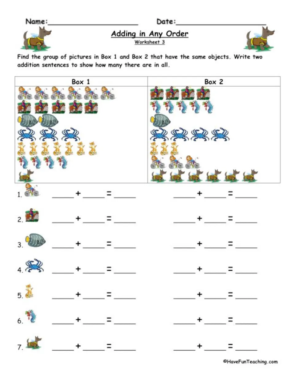 Worksheet 3, turnaround facts: students pair crab, fish, cat and dog picture groups and record each total two ways