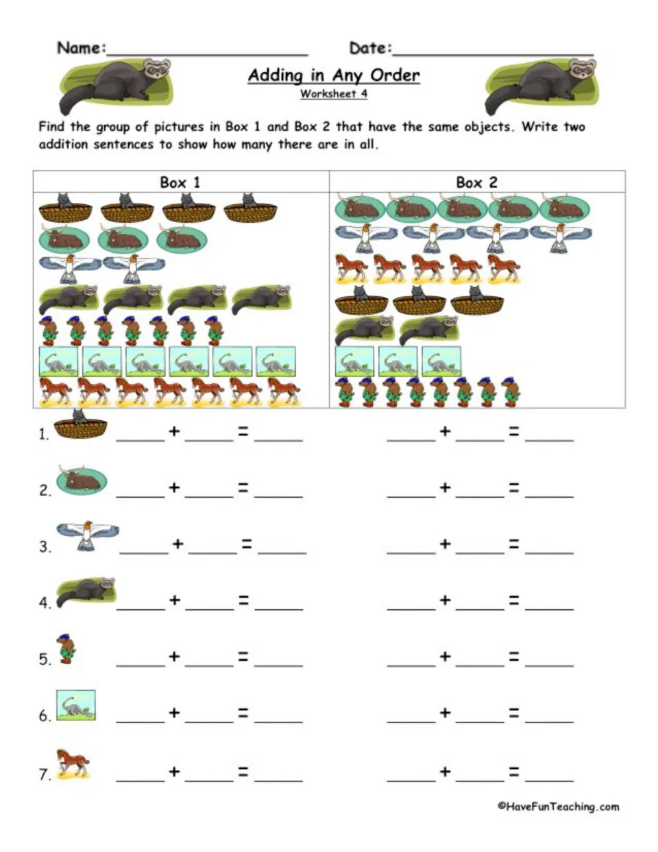 Worksheet 4, order of addends: learners find matching horse, ferret, bird and cat-in-basket sets and write two equations