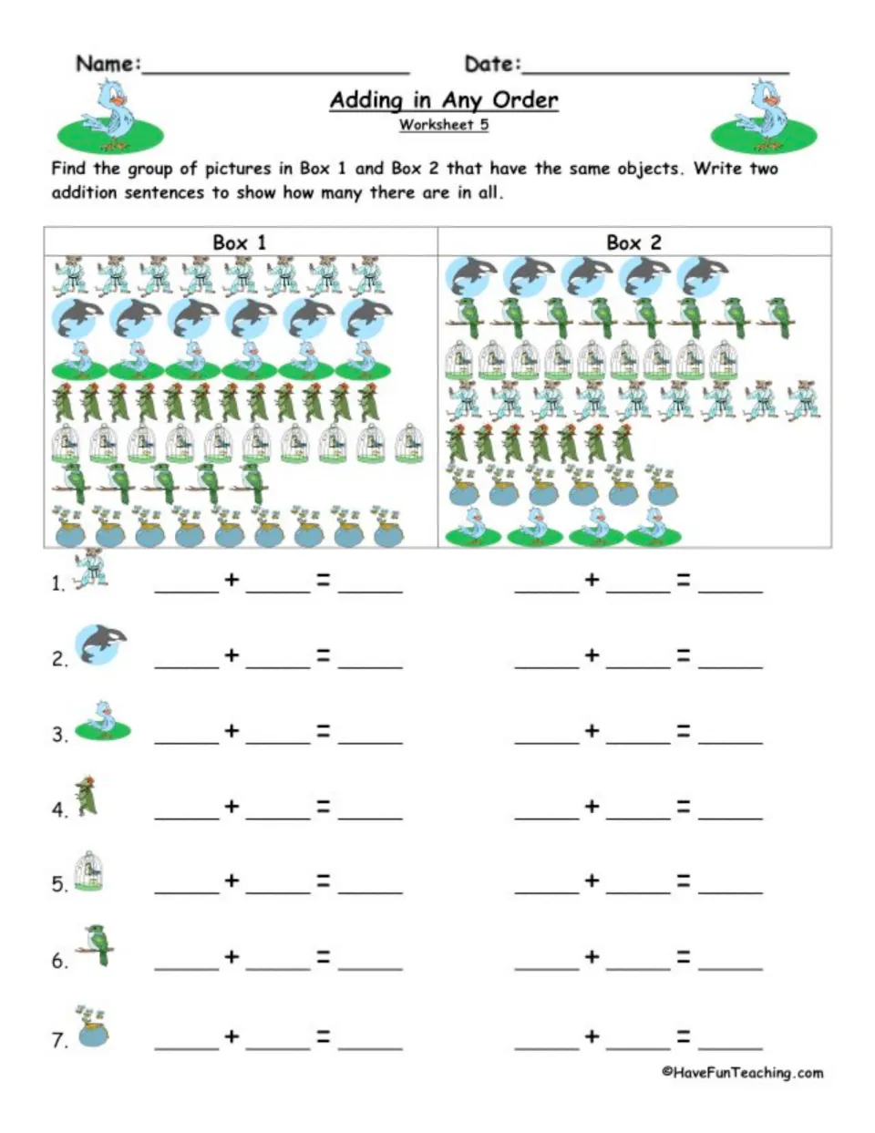 Worksheet 5, larger groups: pupils compare orca, bluebird and birdcage pictures and write each fact in both orders