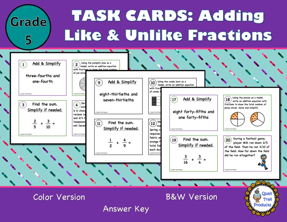 Cover of Grade 5 task cards on adding like and unlike fractions, showing sample cards, color and B&W versions, answer key