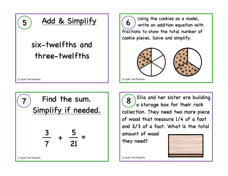 Fraction task cards 5-8: students add twelfths in words, model cookie pieces, solve 3/7 + 5/21 and a wood-length problem