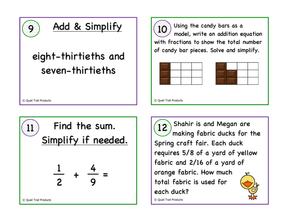 Fraction task cards 9-12: students add thirtieths, model candy bar pieces, solve 1/2 + 4/9 and a fabric duck word problem