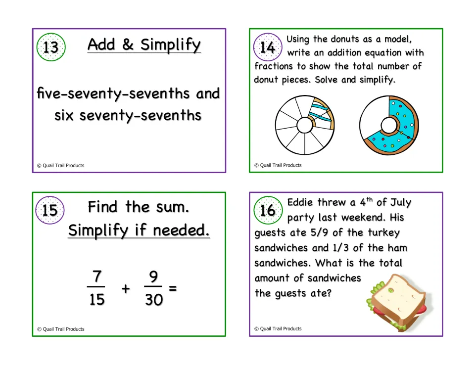 Fraction task cards 13-16: students add seventy-sevenths, model donut pieces, solve 7/15 + 9/30 and a sandwich word problem