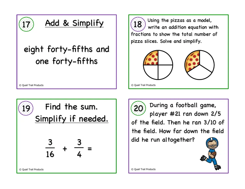 Fraction task cards 17-20: students add forty-fifths, model pizza slices, solve 3/16 + 3/4 and a football word problem