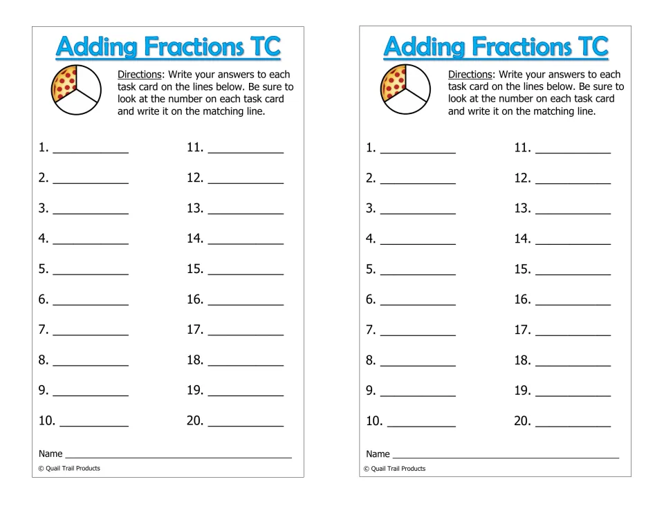 Adding Fractions TC recording sheet: students write their answers to task cards 1-20 by card number; two copies per page