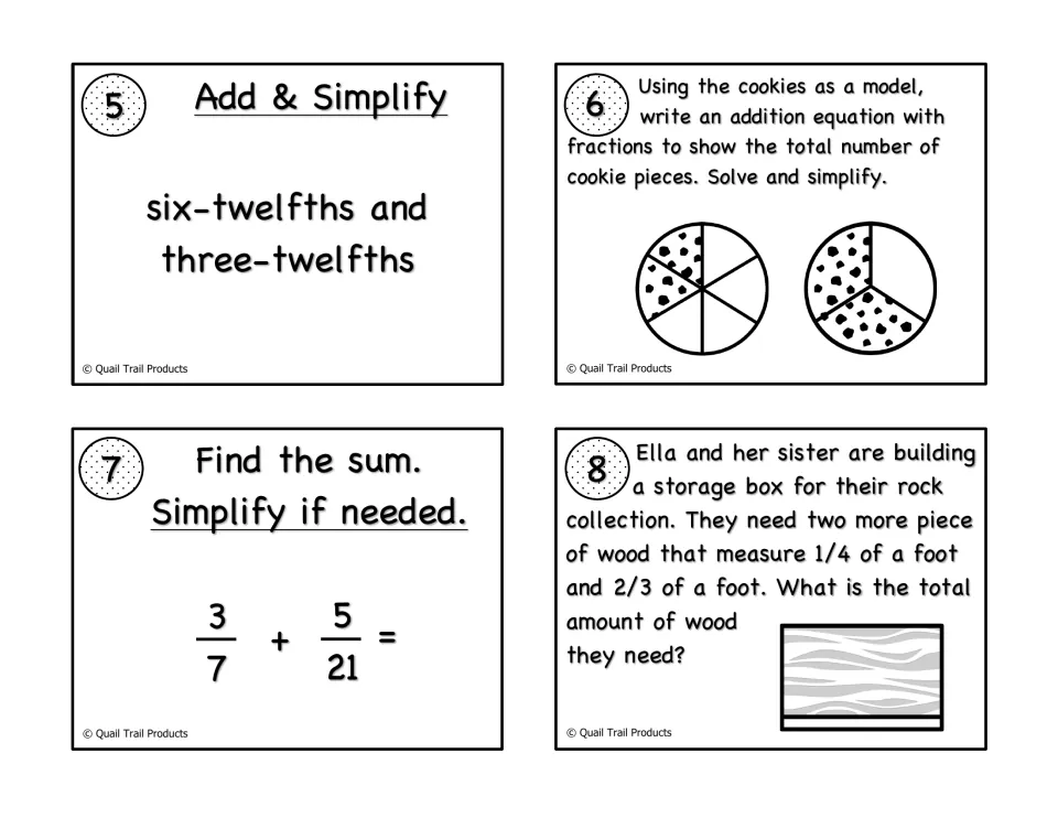 Black-and-white fraction task cards 5-8: add twelfths, model cookie pieces, find 3/7 + 5/21 and solve Ella's wood problem
