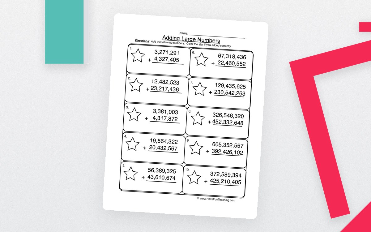 Adding Large Numbers worksheet with ten star-framed no-regrouping problems
