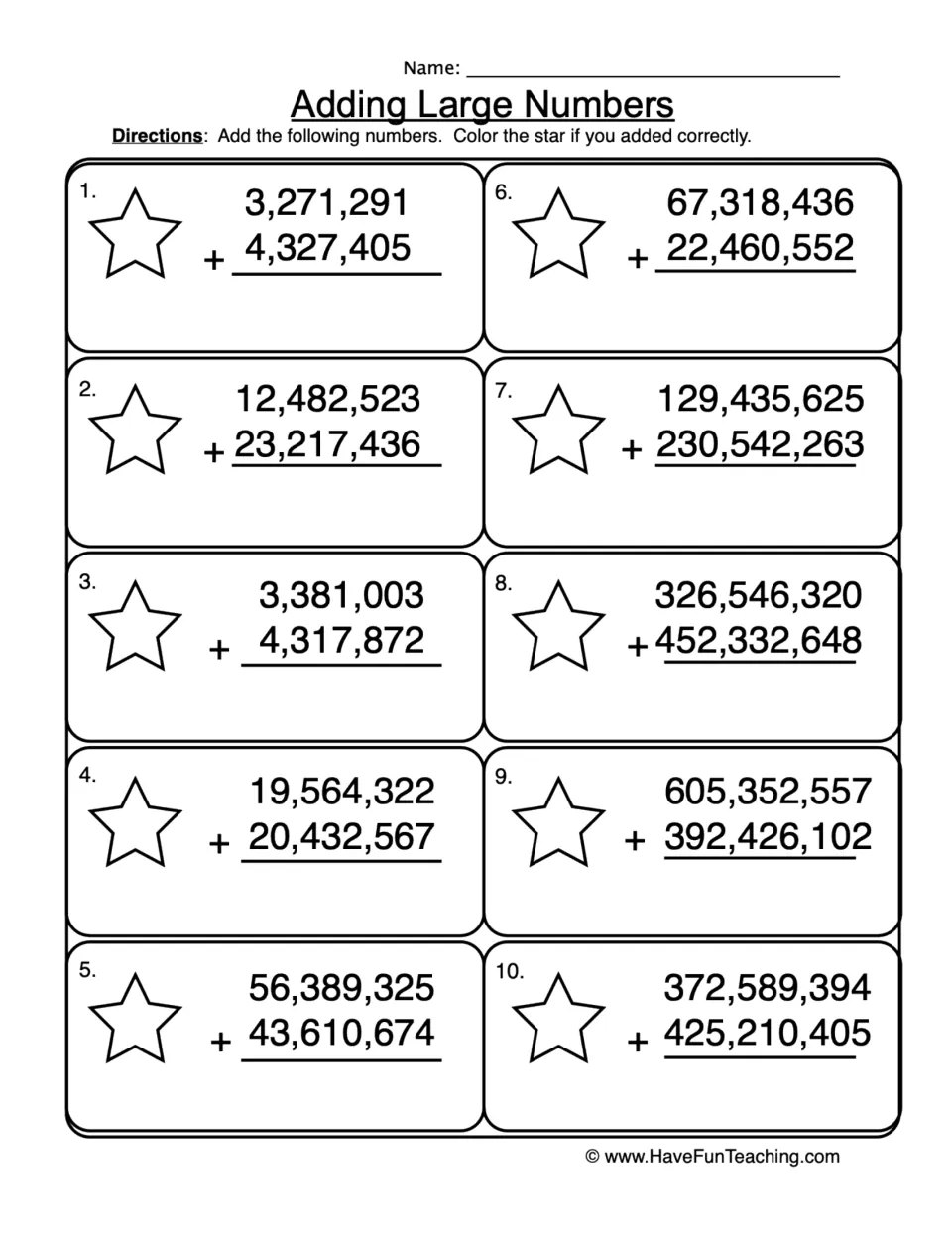 Adding Large Numbers: students solve 10 vertical addition problems with millions and color a star for each correct sum