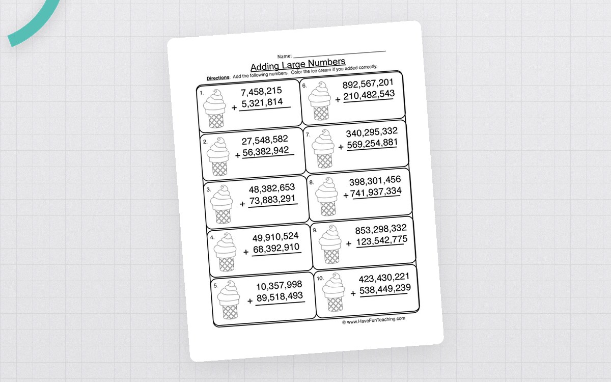 Adding Millions worksheet with ten cupcake-framed vertical problems