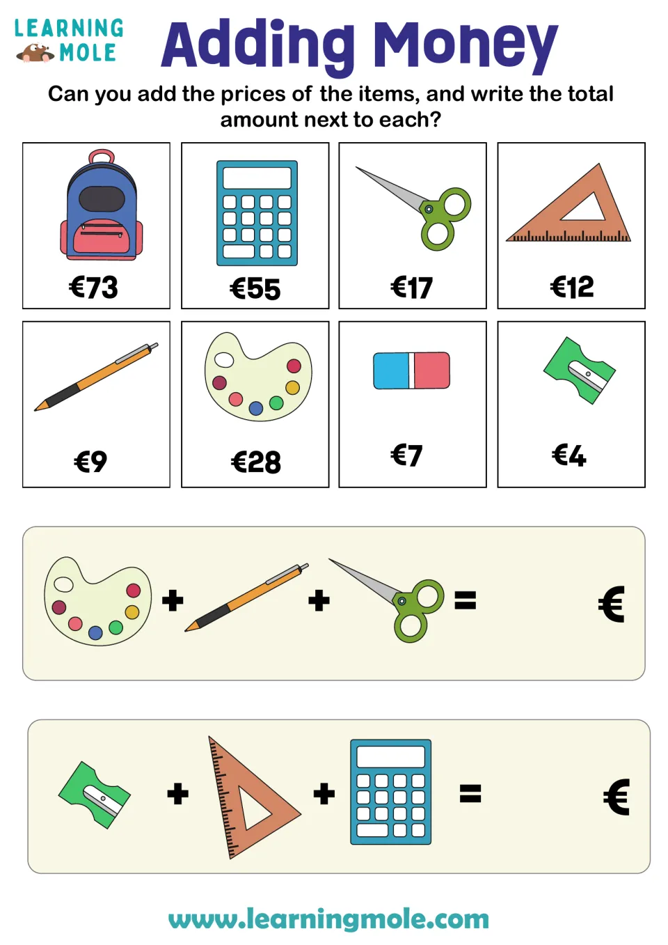Adding money in euros: students use a price list of 8 school supplies, €4 to €73, to total two 3-item picture sums