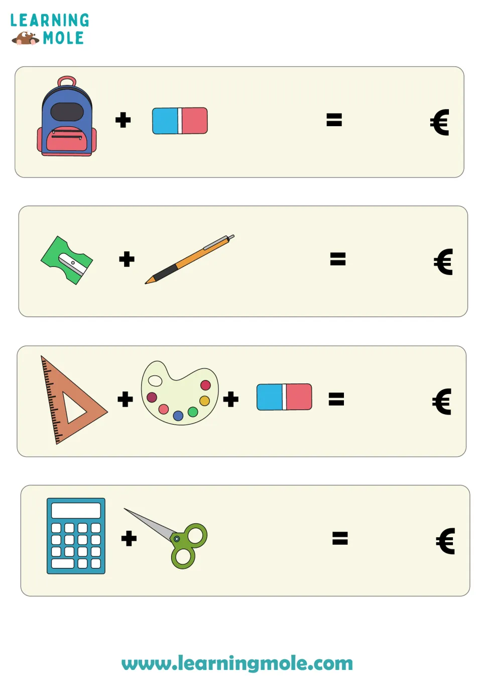 Euro addition practice: students add supply prices in four picture sums, such as backpack plus eraser, writing totals