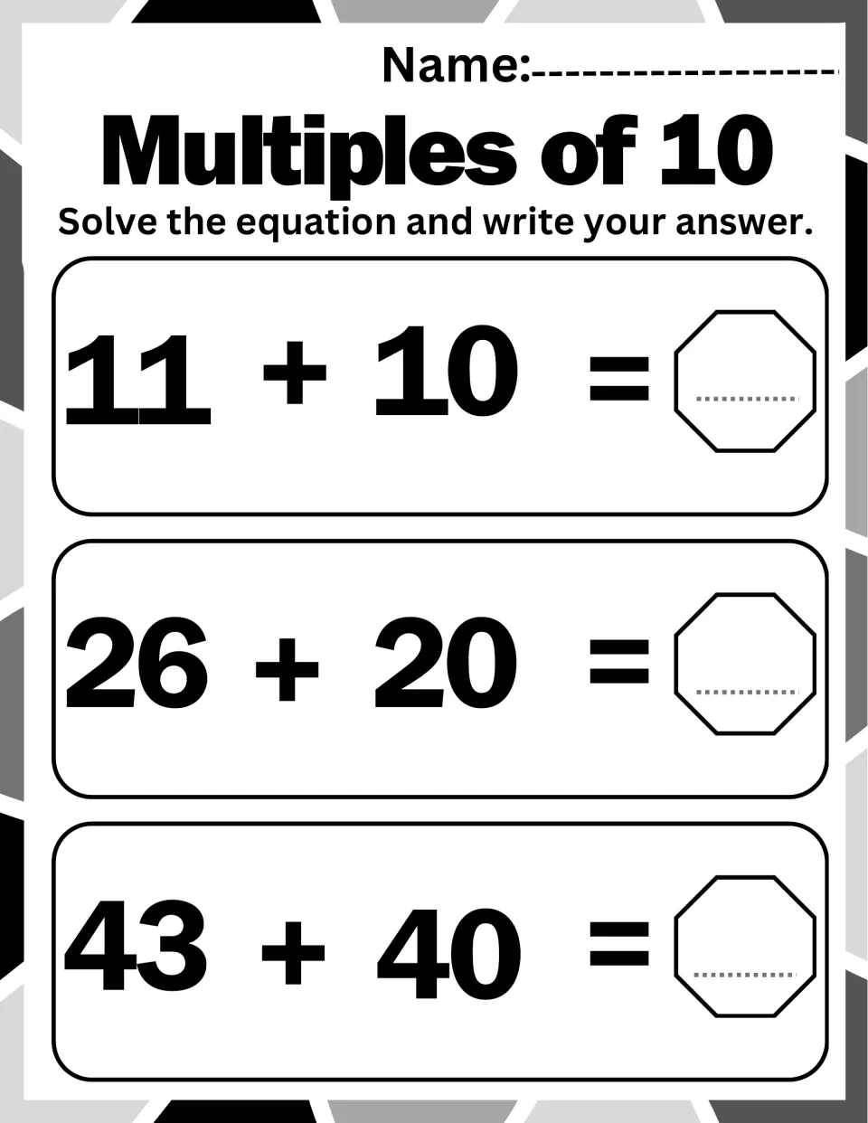 Adding multiples of 10: students solve 11 + 10, 26 + 20 and 43 + 40 and write each answer, practising tens place value