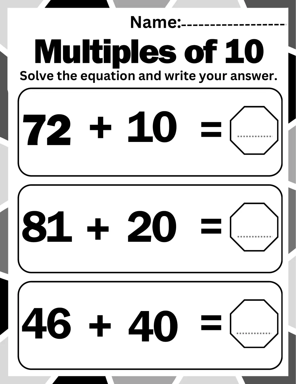 Adding multiples of 10: students solve 72 + 10, 81 + 20 and 46 + 40, adding whole tens and writing the sum for each