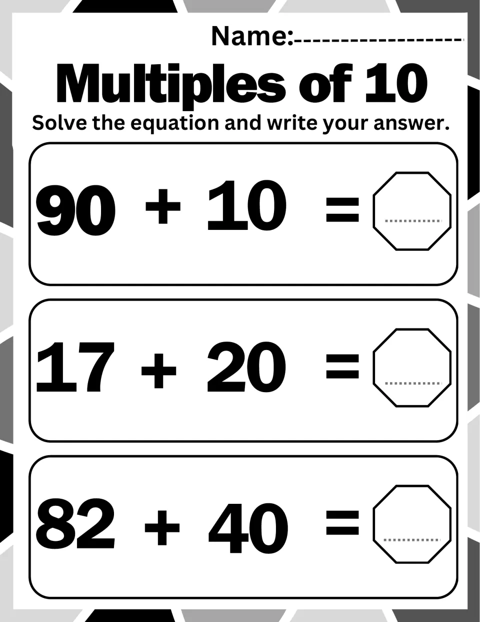 Multiples of 10 equations: students solve 90 + 10, 17 + 20 and 82 + 40, adding tens to each number and writing the sum