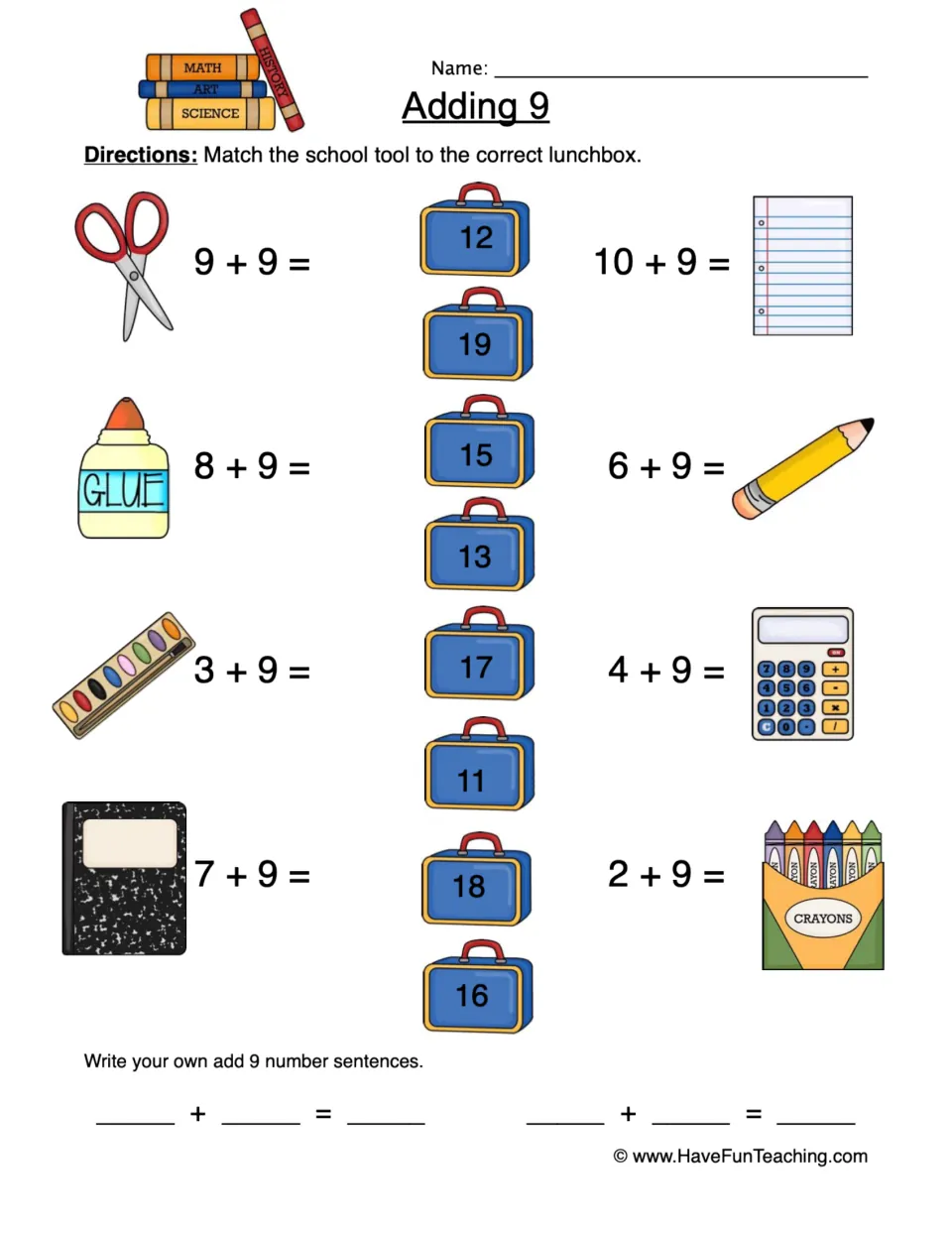 Adding nine practice: eight equations to match to lunchbox sums, plus two add-nine number sentences to write.