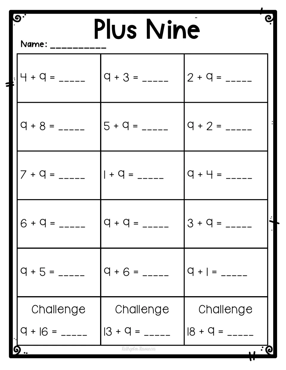 Plus Nine addition facts: students solve 15 sums such as 4 + 9 and 9 + 8, then 3 challenge sums like 13 + 9