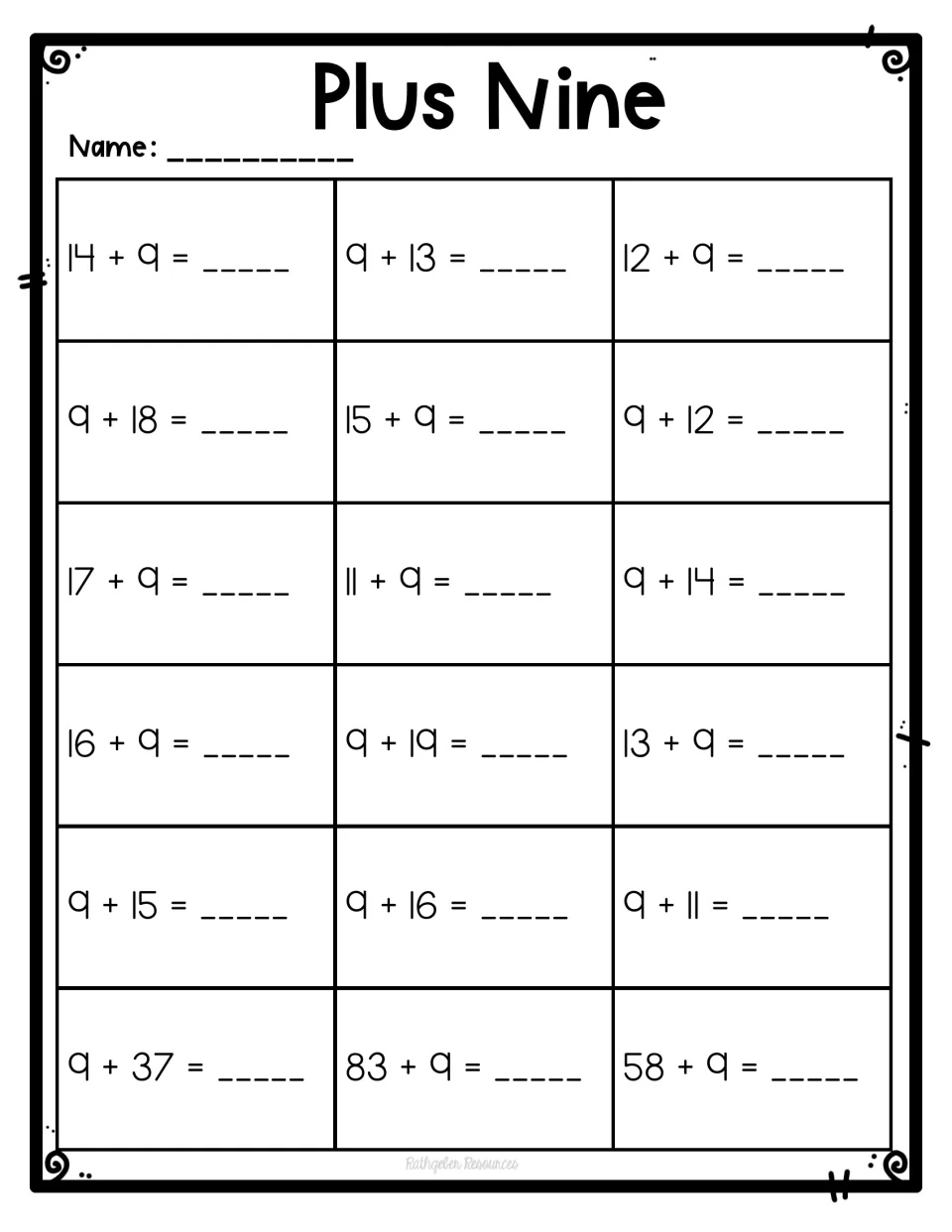 Adding 9 to teen numbers: students solve 15 sums such as 14 + 9 and 9 + 18, then 9 + 37, 83 + 9 and 58 + 9