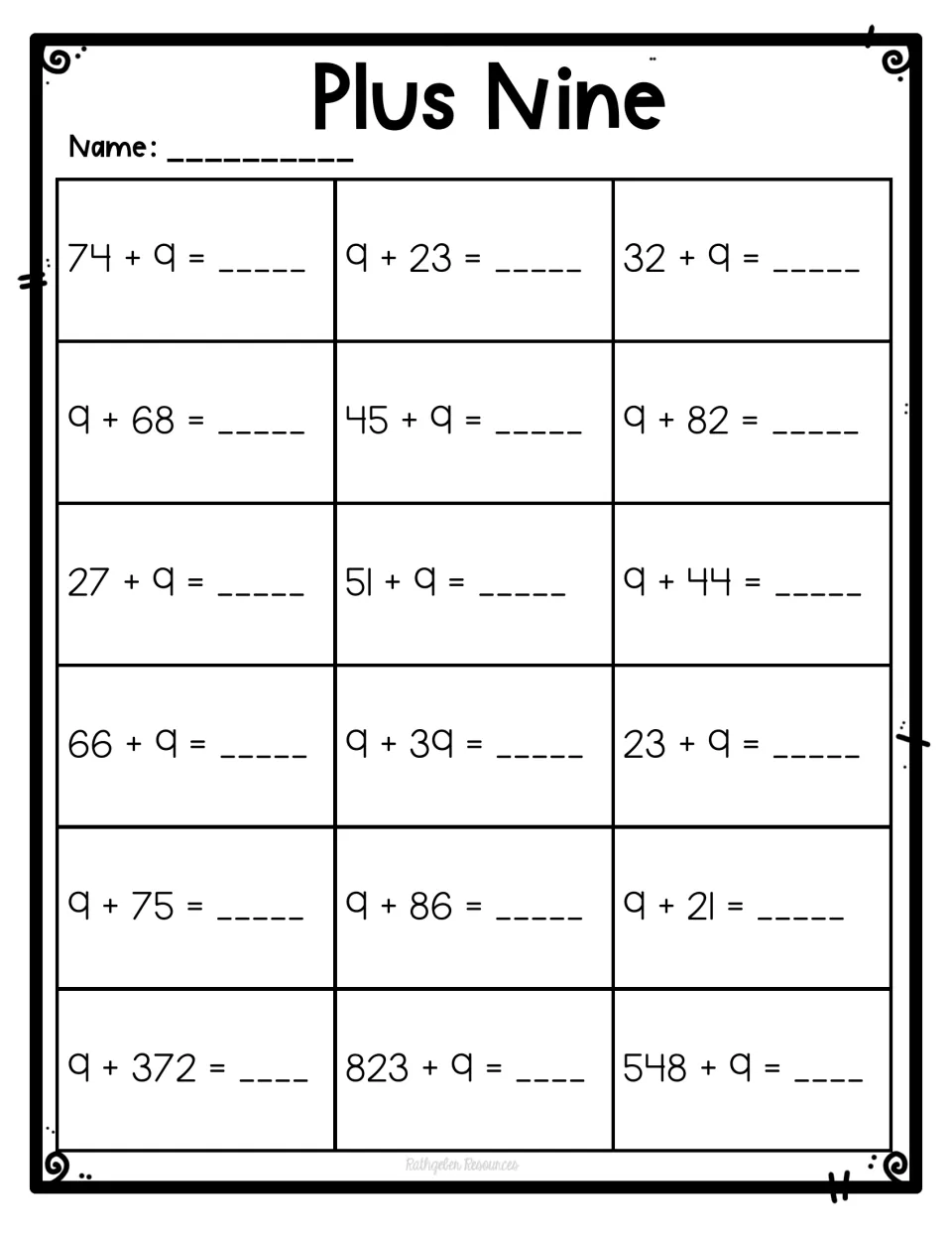 Adding 9 to two-digit numbers: students find sums such as 74 + 9 and 9 + 68, ending with 9 + 372 and 823 + 9
