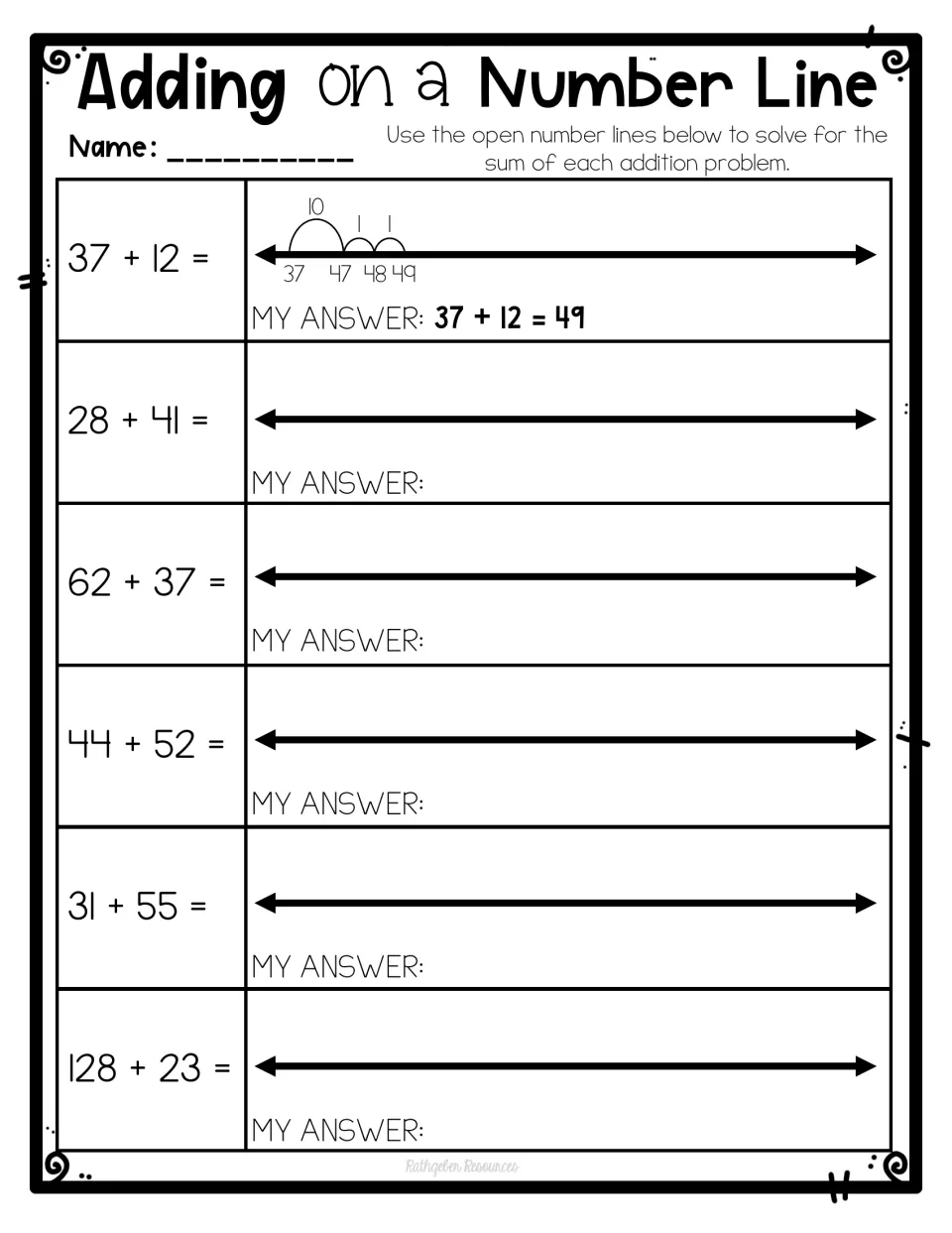 Addition on open number lines: students jump by tens and ones to solve 5 sums like 28 + 41, after a worked 37 + 12 model