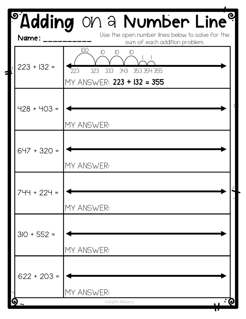 Three-digit addition on open number lines: students jump by hundreds, tens and ones for 5 sums after a 223 + 132 model