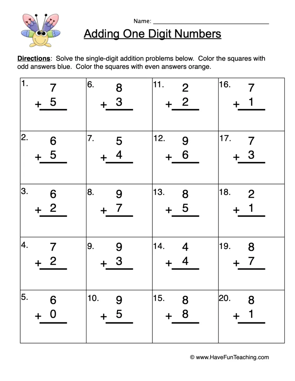 Single-digit addition: students solve 20 vertical problems, then color squares with odd sums blue and even sums orange