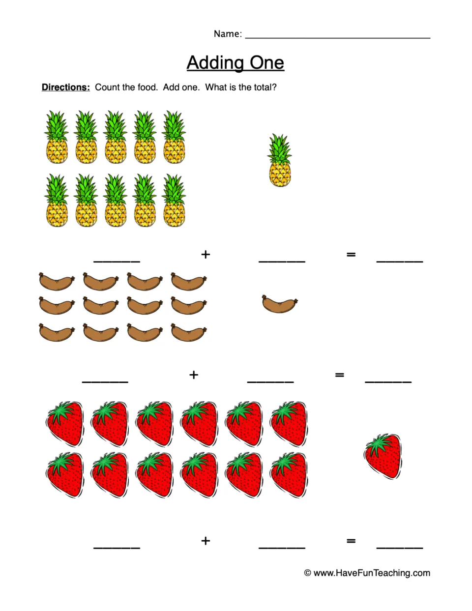 Adding-one practice: count 10 pineapples, 12 sausages, and 12 strawberries, then add one to each group.