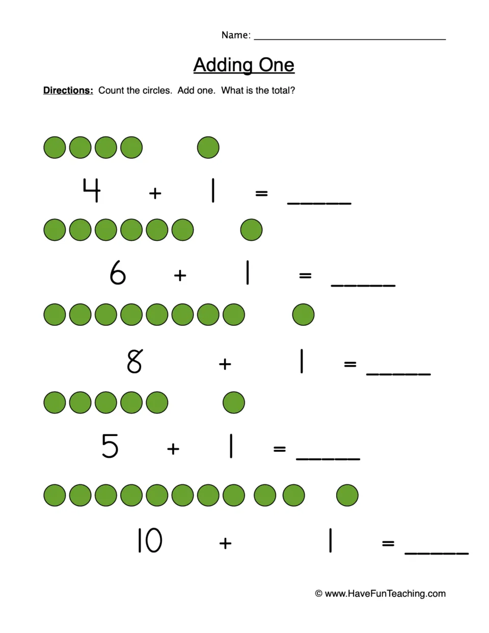 Adding One: students count green circles plus the extra counter to write totals for 4+1, 6+1, 8+1, 5+1 and 10+1