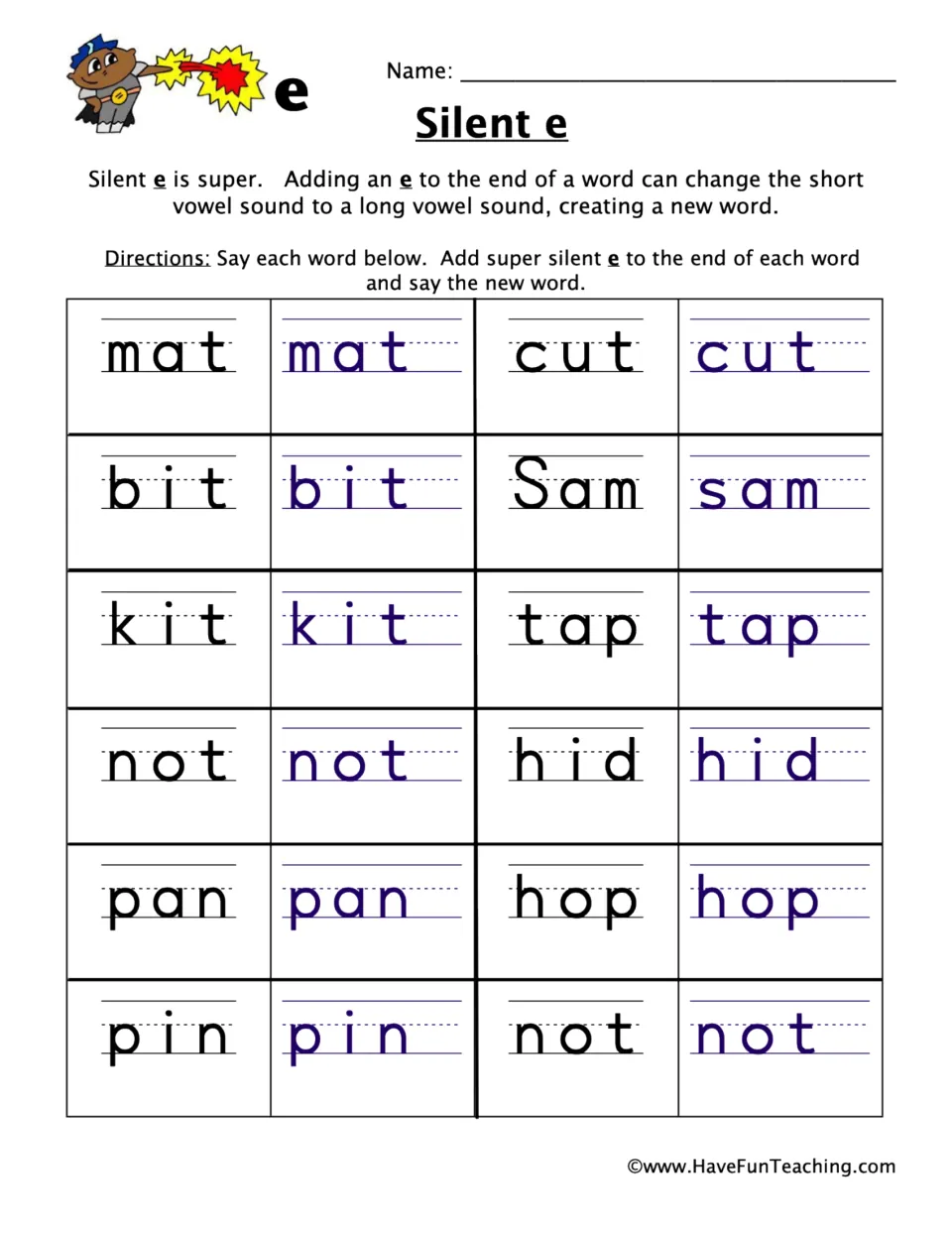 Silent e: students add e to 12 words such as mat, kit and hop, then say each new word to practise short to long vowels