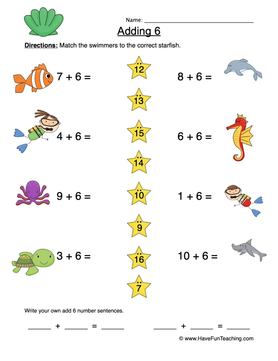 Adding 6: students match 8 sea-animal and diver sums like 7 + 6 to starfish answers, then write 2 add-6 sentences