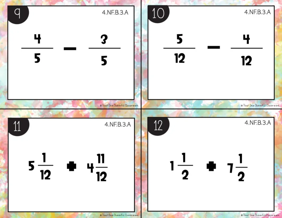 Subtracting fractions and adding mixed numbers: cards 9-12 include 4/5 - 3/5, 5/12 - 4/12 and 5 1/12 + 4 11/12