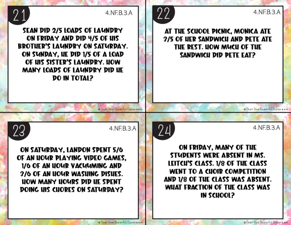 Fraction word problems on cards 21-24: laundry loads, a shared picnic sandwich, Saturday chores and class attendance