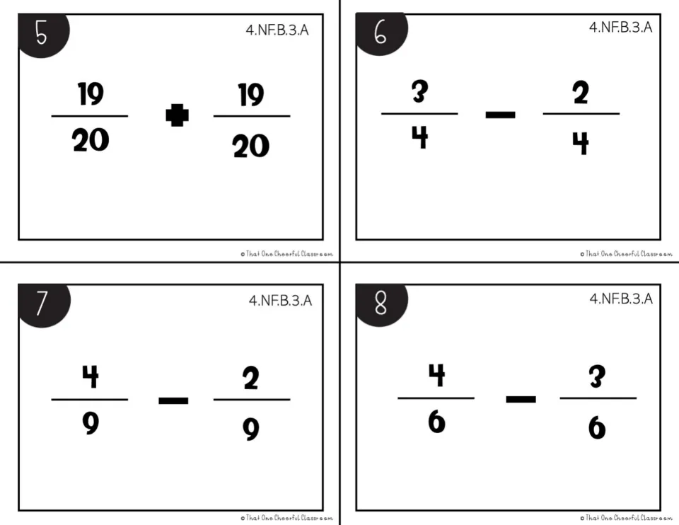 Adding and subtracting like fractions, black-and-white cards 5-8: 19/20 + 19/20, 3/4 - 2/4, 4/9 - 2/9, 4/6 - 3/6