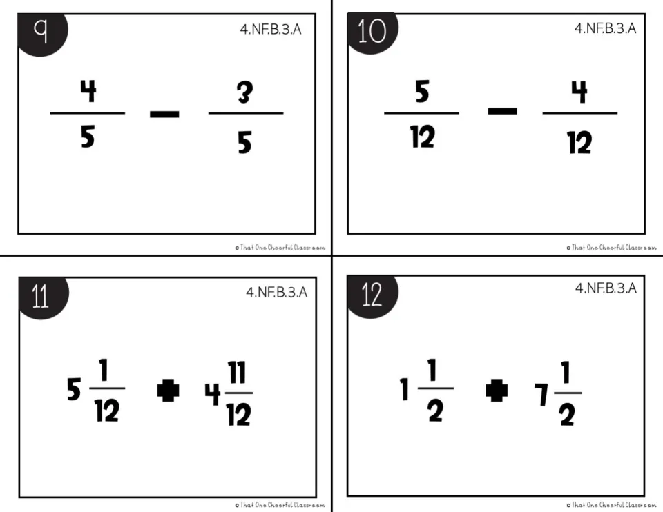 Fraction subtraction and mixed-number addition, black-and-white cards 9-12, including 5/12 - 4/12 and 1 1/2 + 7 1/2