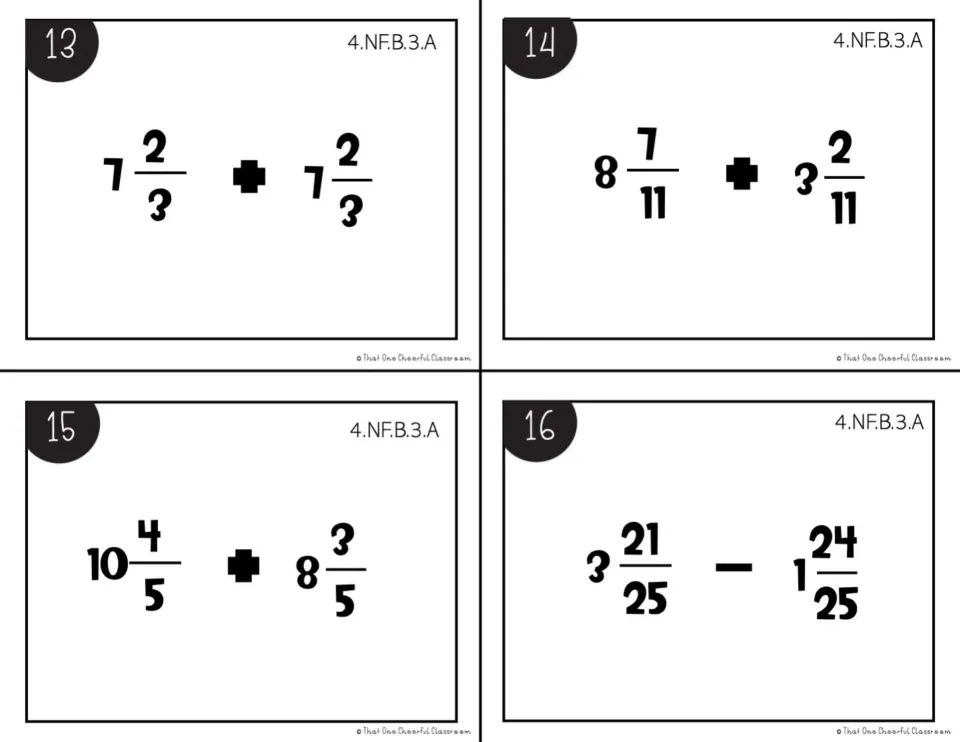 Mixed-number addition and subtraction, black-and-white cards 13-16: 8 7/11 + 3 2/11, 10 4/5 + 8 3/5, 3 21/25 - 1 24/25