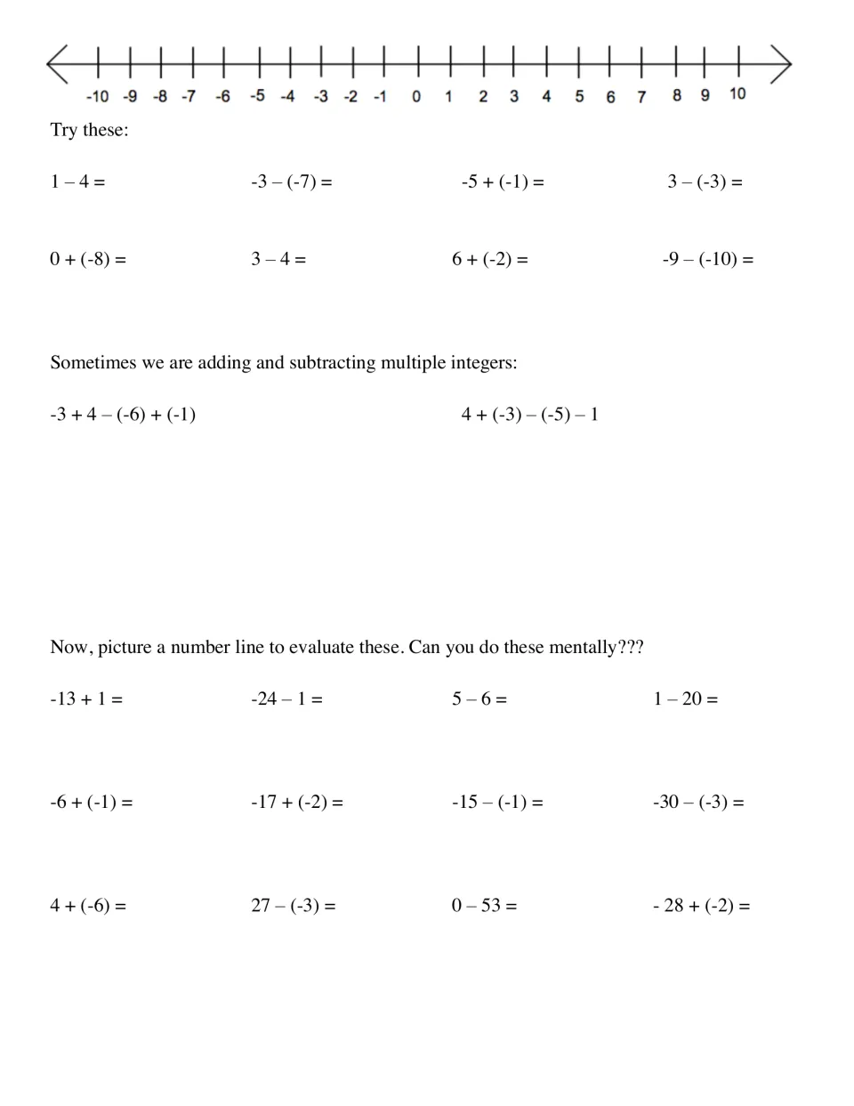 Integer practice: students evaluate 8 sums and differences, two multi-step expressions, then 12 more done mentally