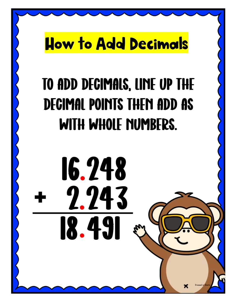 Adding decimals poster: line up the decimal points, then add as with whole numbers, shown with 16.248 + 2.243 = 18.491