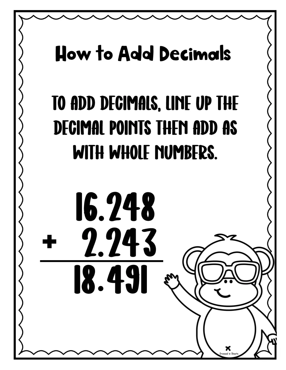 Black-and-white adding decimals poster with the line-up rule and worked sum 16.248 + 2.243 = 18.491